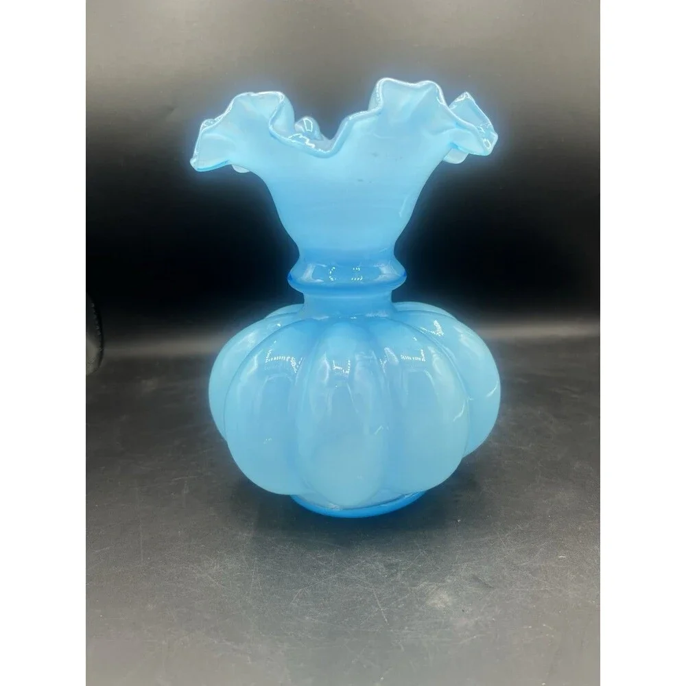 Vintage Fenton Blue Opalescent Melon Vase Ruffled Rim Mid Century Art Glass 7.75